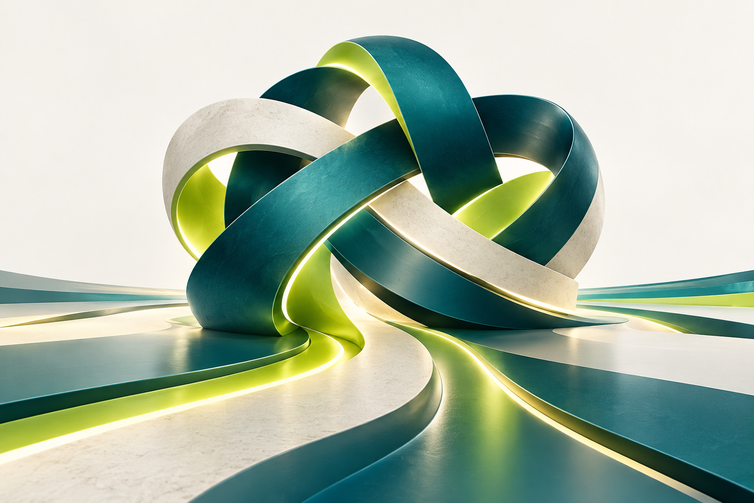 Composição de fitas entrelaçadas em teal e verde-lima simbolizando a integração entre pessoas, cultura e estratégia