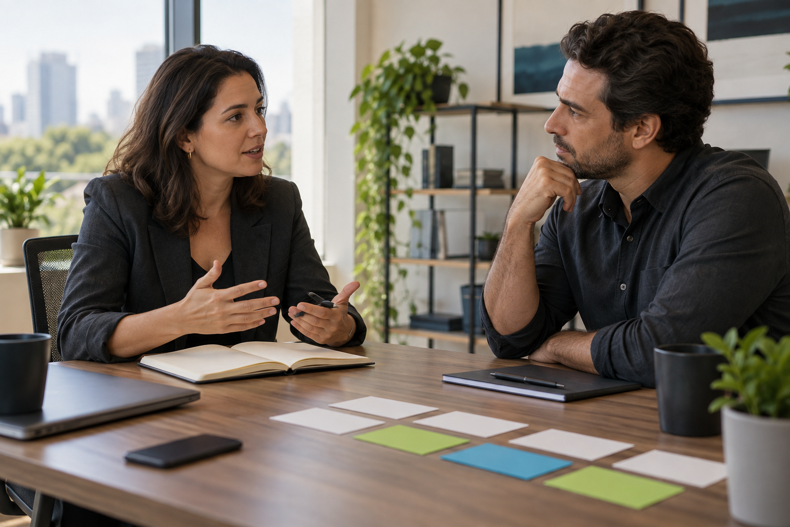Profesionales conversando atentamente sobre prioridades y compromisos de trabajo
