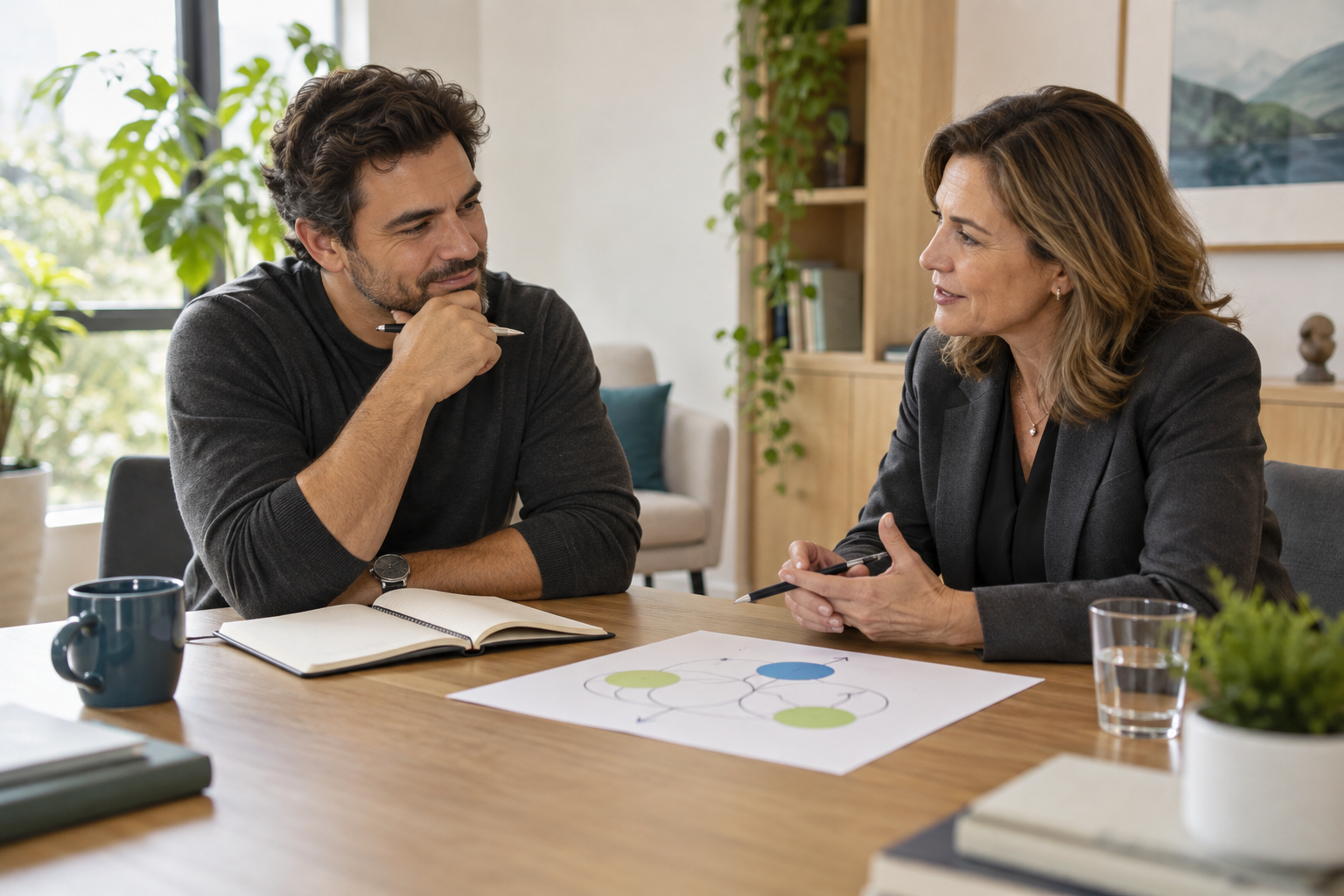 Profesional reflexionando sobre su desarrollo en una conversación con un mentor